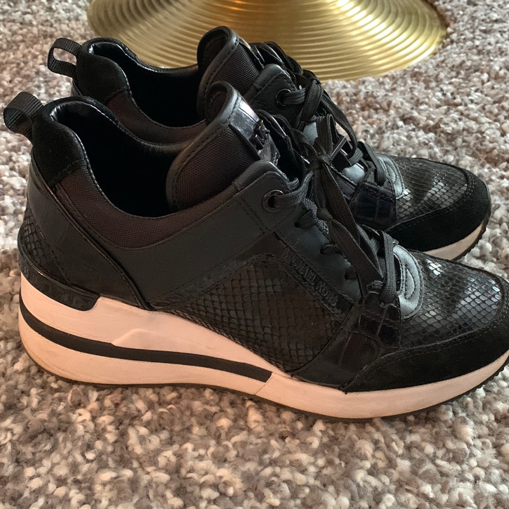 Michael Kors black snake skin suede wedge sneaker. Size 6.5
